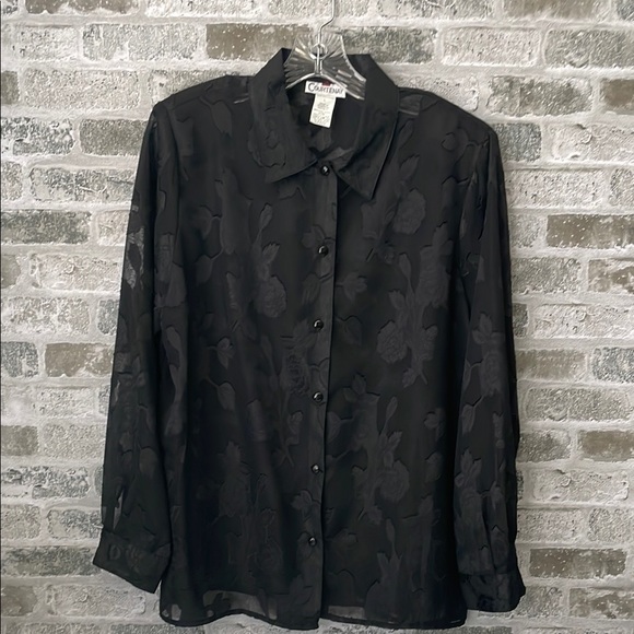 Courtenay Tops - Courtenay Floral Black Sheer Button Up Women’s size Large Flocking Whimsigoth